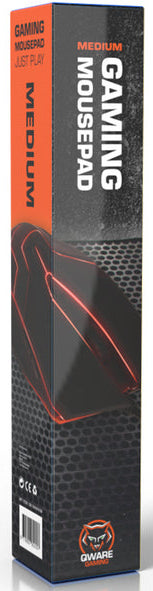 Rectangular medium gaming mousepad in a box. The box is black and orange, with a mouse graphic.