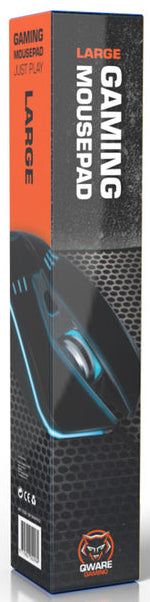 Gaming mousepad box, black mouse image, orange and blue text.