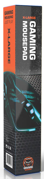 A gaming mousepad box, black and orange, with a picture of a mousepad.