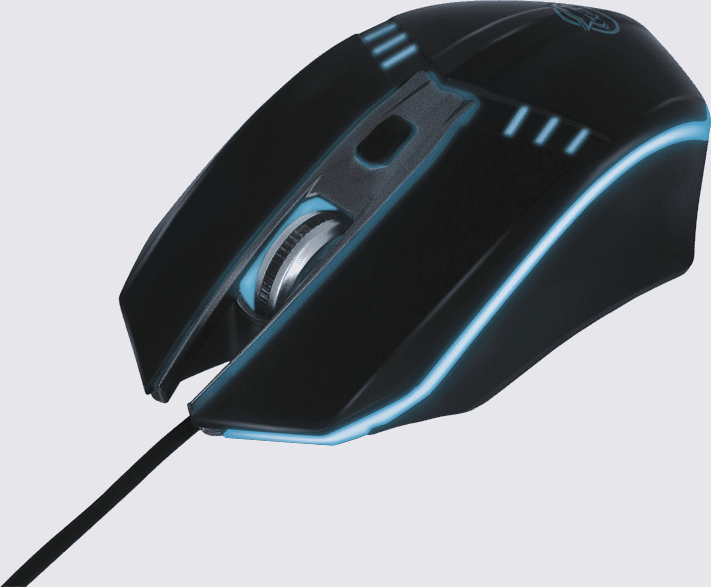 Zwarte gamingmuis met blauwe lichten. Heeft een scrollwiel en een snoer.