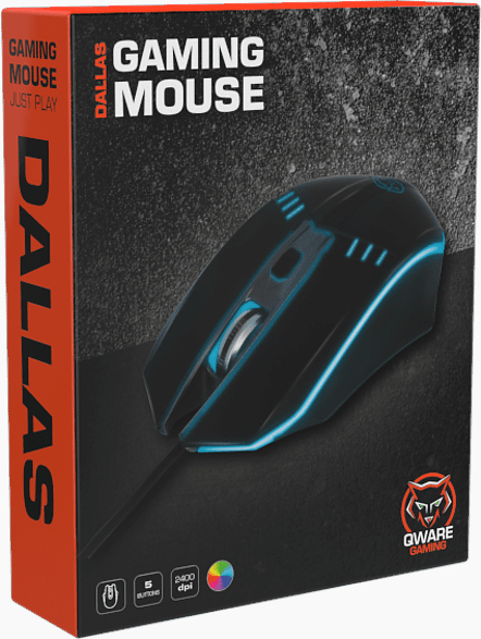 Gamingmuis in een doos. Het is zwart, met blauwe lichten, en het merk is Qware.