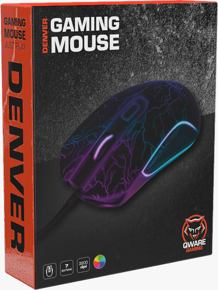 Een gamingmuis op zijn doos. Het is zwart met paarse en blauwe bliksempatronen.
