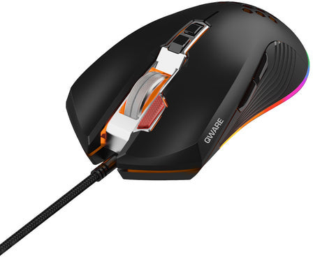 Zwarte gamingmuis met een oranje en rode scrollwiel en RGB-verlichting. QWARE staat op de muis.