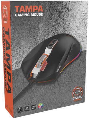 Gamingmuis in doos. Zwarte muis met oranje accenten en kleurrijke LED, op een grijze ondergrond.