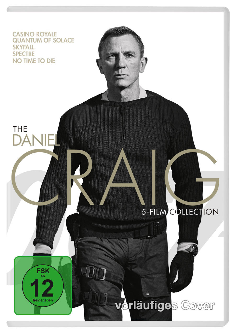 Daniel Craig, in einem Pullover, auf einem DVD-Cover. Der Titel lautet 'Daniel Craig 5-Film-Sammlung'.