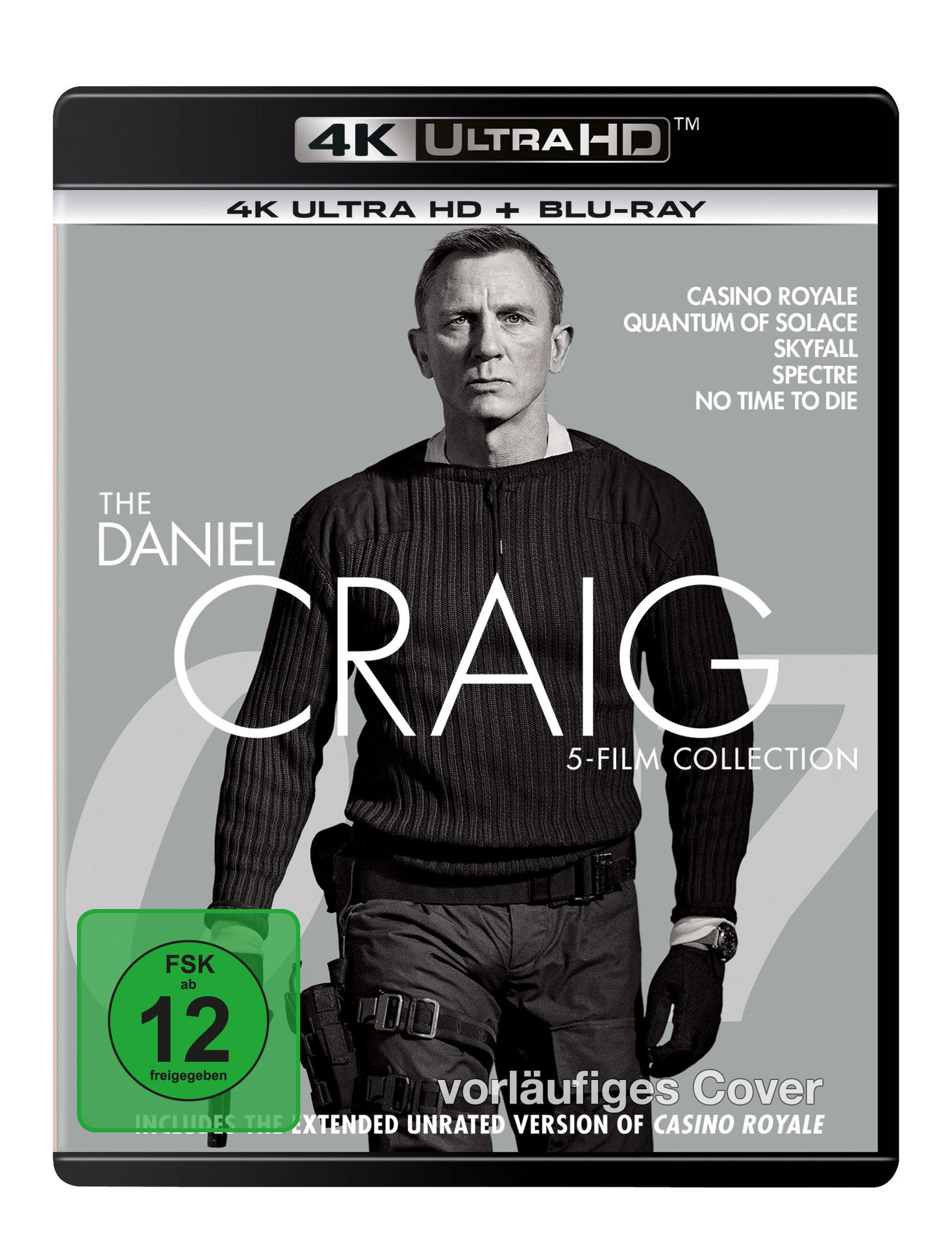 Daniel Craig 5-Film-Sammlung Cover. Er steht vor einem grauen Hintergrund.