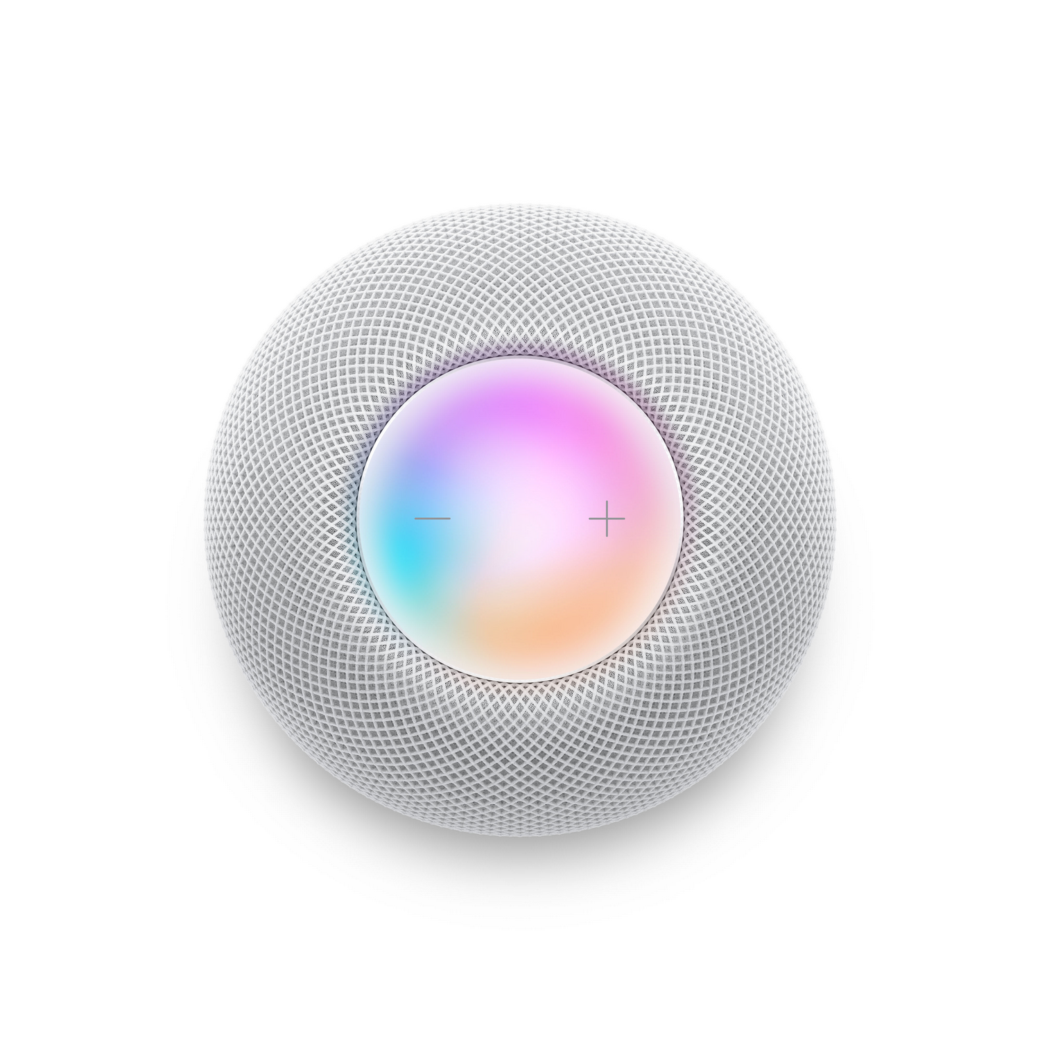 Vista superior de un HomePod blanco. Tiene un exterior de malla y una pantalla de luz colorida en la parte superior con símbolos de más y menos.