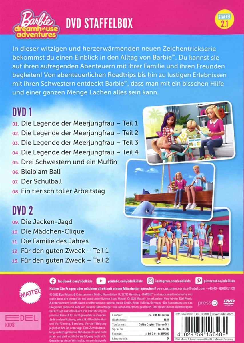 Rückseite einer DVD-Hülle mit Text und Bildern, einschließlich eines Barbie-Cartoon-Covers.