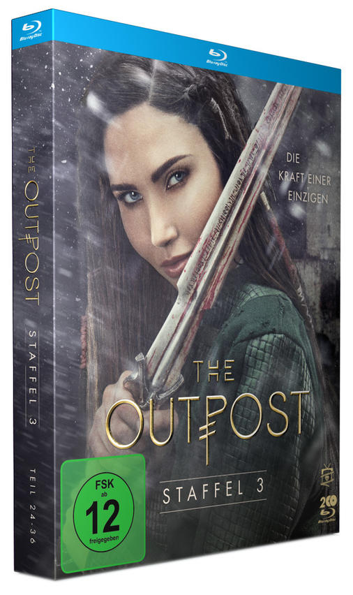 Blu-ray-Box-Set der Serie 'The Outpost'. Frau mit Schwert. Grün, Schwarz und Blau.