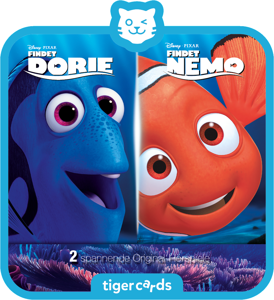 Zwei Zeichentrickfiguren aus 'Findet Dorie' und 'Findet Nemo' auf einer Tiger-Cards-Box.