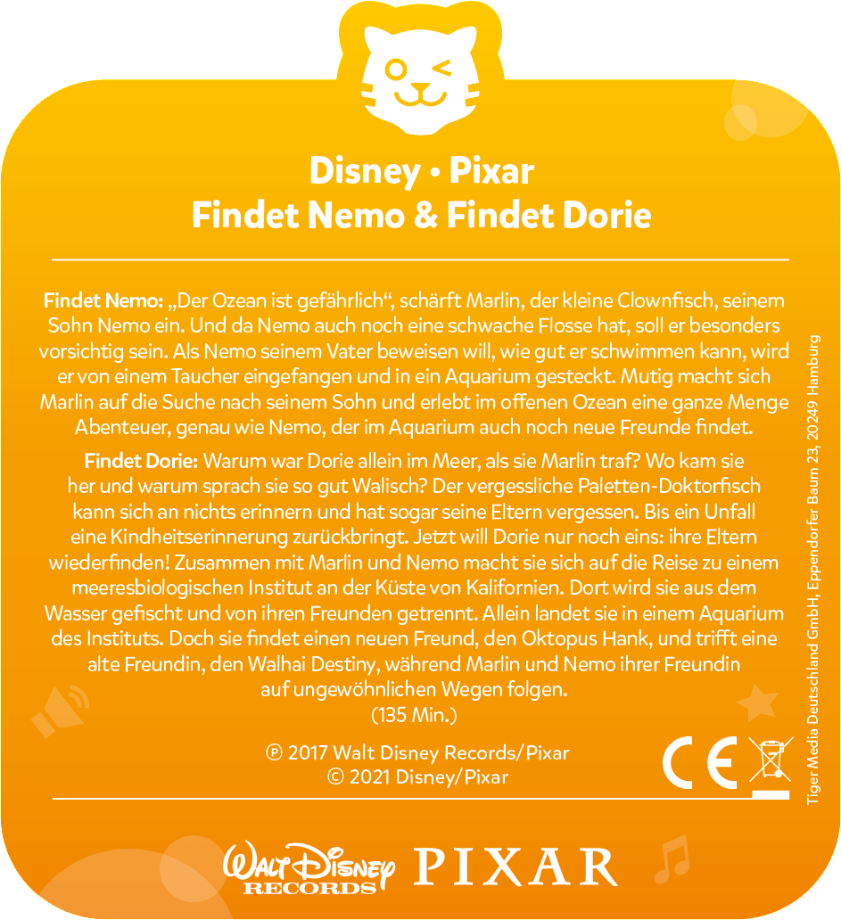 Text auf gelbem Hintergrund über Disneys Pixar's Findet Nemo & Dorie. Weißer und schwarzer Text.