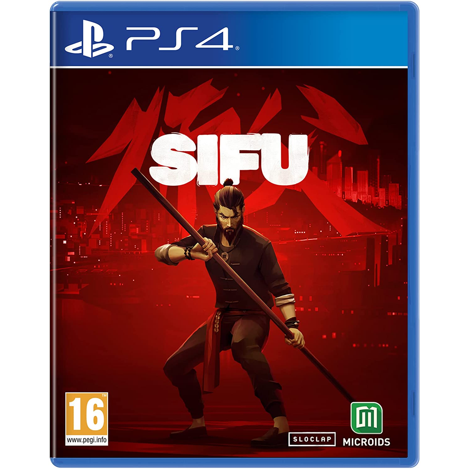 Arte de la caja del juego de PS4 para SIFU, con un hombre con un bastón en pose de lucha.
