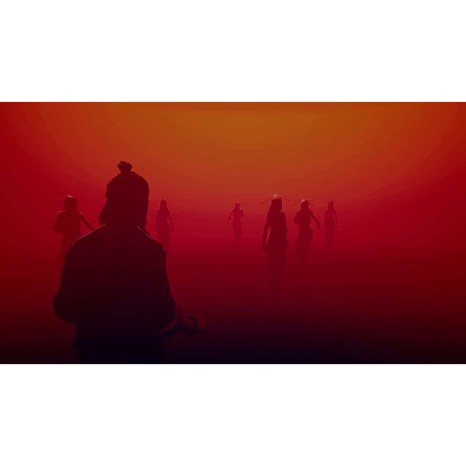Siluetas de personas en un entorno rojo-naranja y nebuloso.