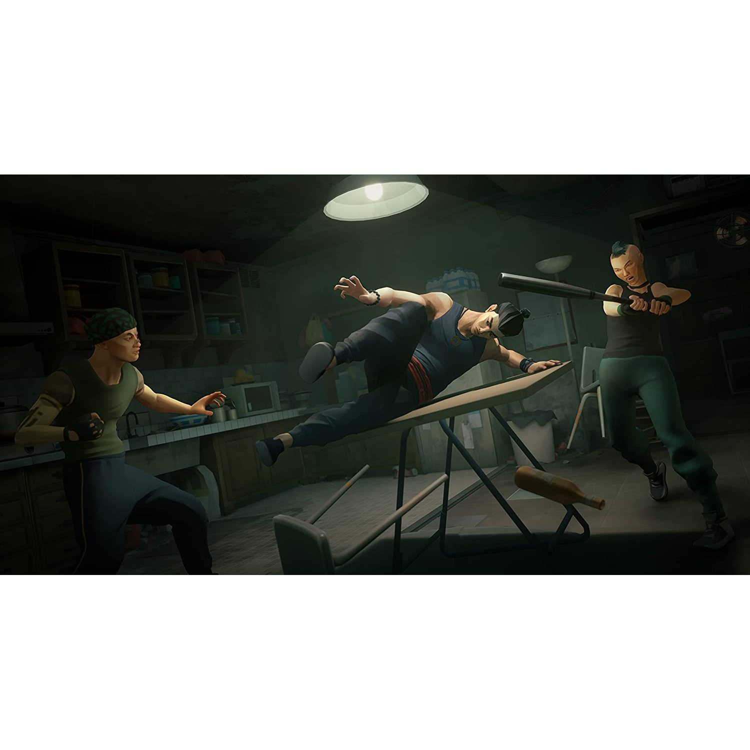 Una escena de un juego muestra a tres personas peleando en una cocina con un bate.