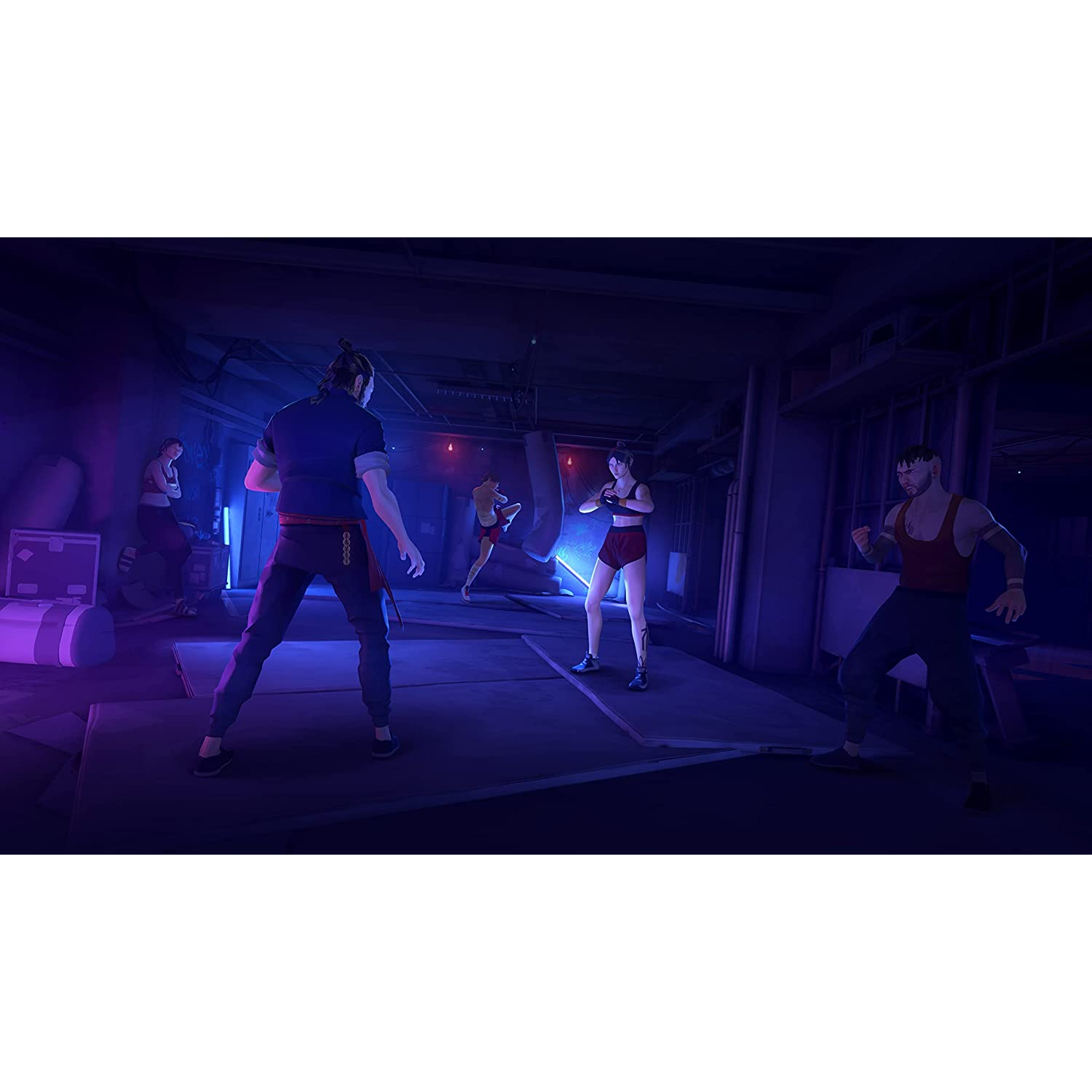 Escena de videojuego. Cinco personas están en una habitación oscura. Uno está en primer plano.