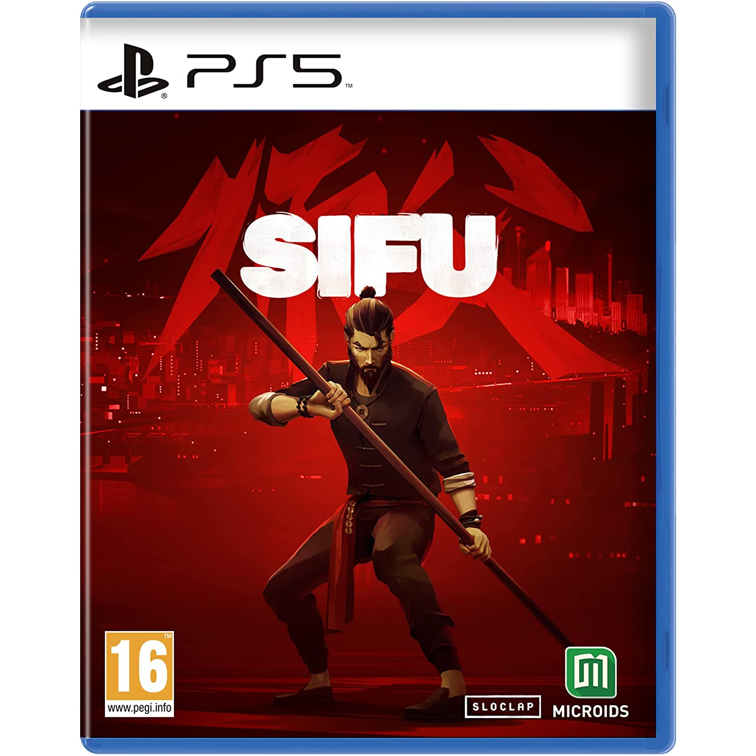 Caja del juego 'SIFU' con un personaje con un bastón, sobre fondo rojo.