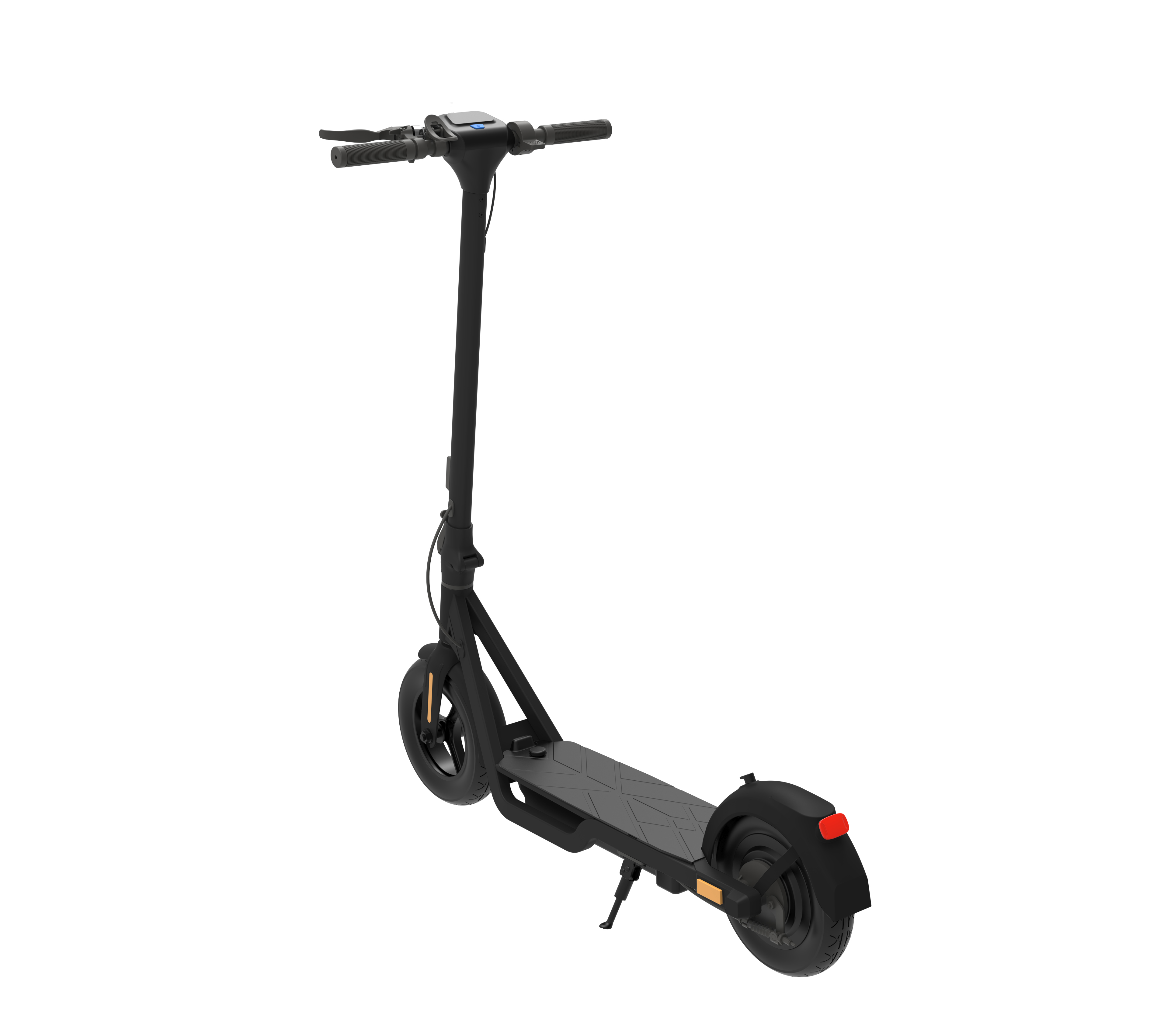 Ein schwarzer Elektroroller. Der Roller hat einen langen Lenker und eine kleine Plattform.