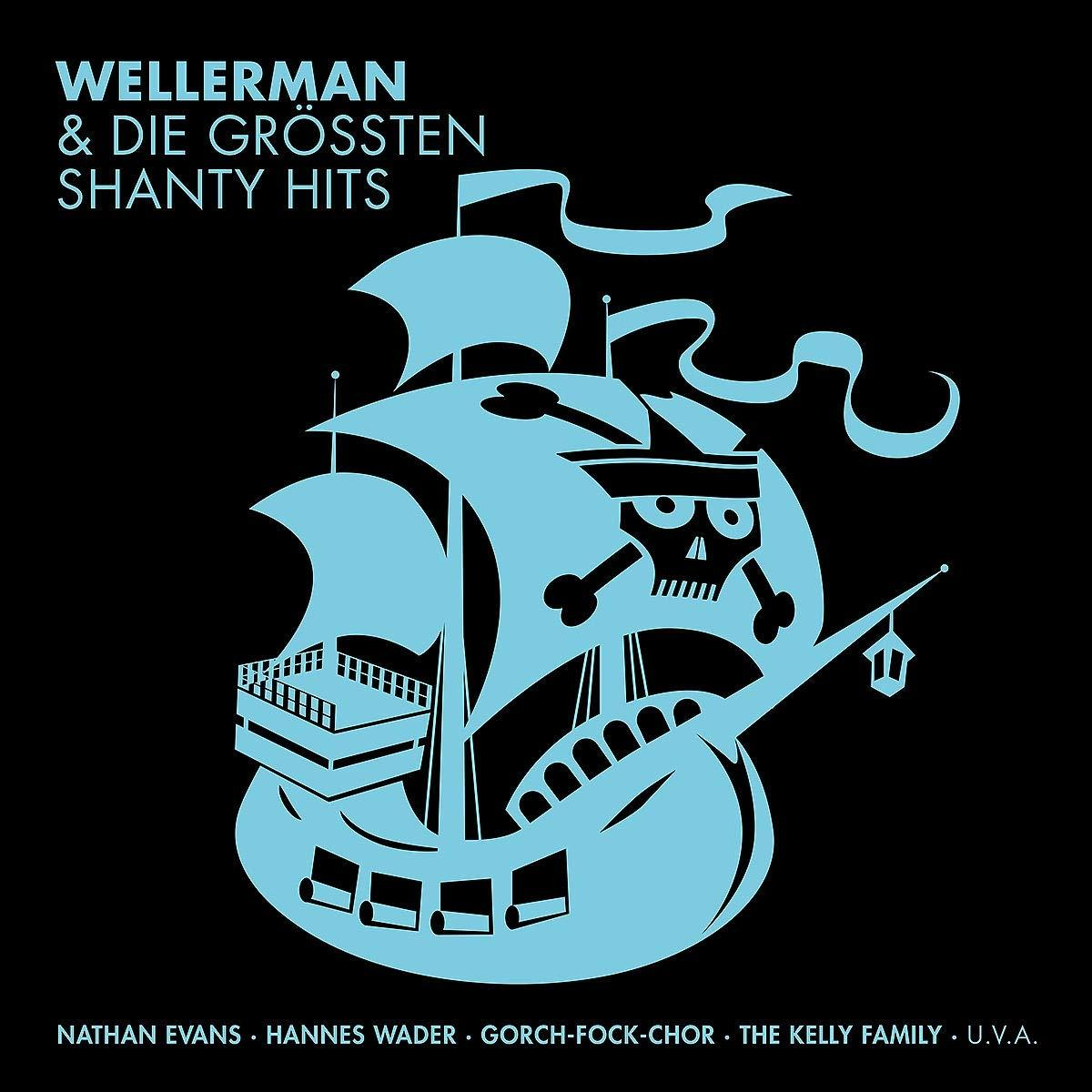 Albumcover mit blauem Schiff mit Totenkopf und gekreuzten Knochen auf schwarzem Grund.