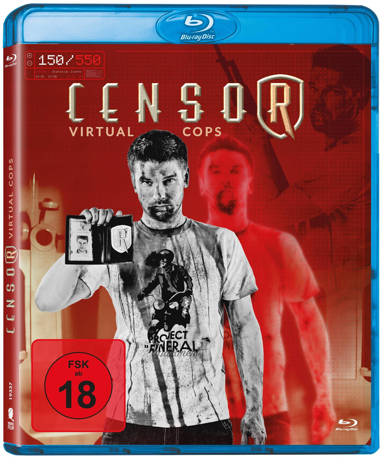 Blu-ray-Disc-Cover mit Mann, der ein Abzeichen hält. Titel: Censor, Untertitel: Virtual Cops. Roter Hintergrund.