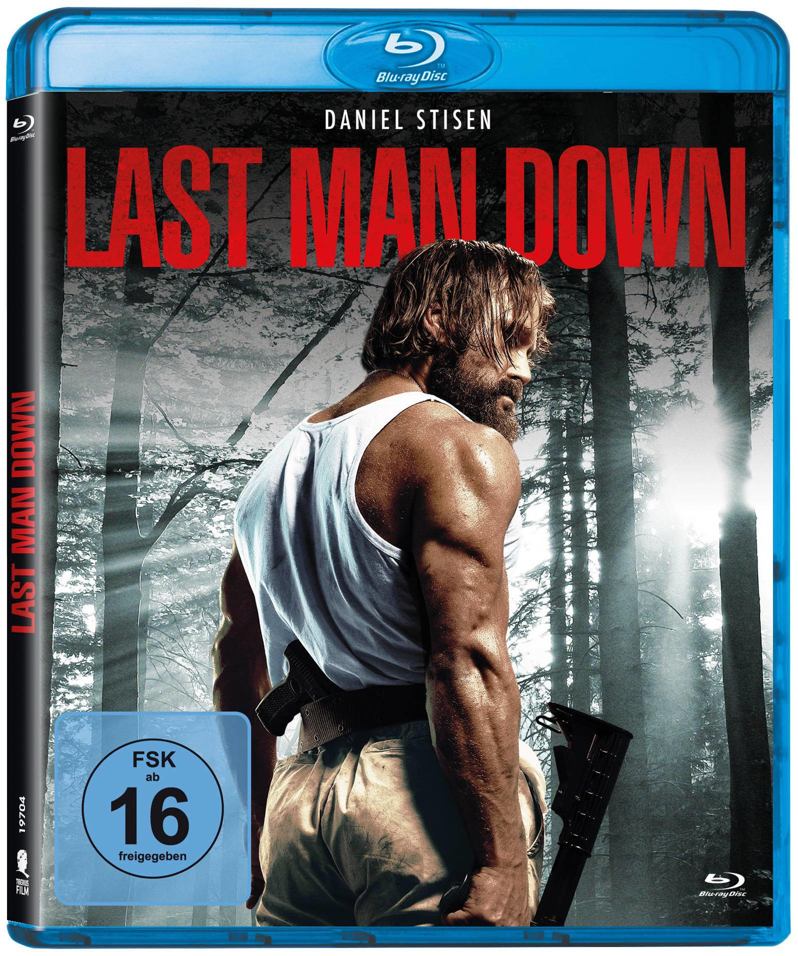 Blu-ray-Box für Last Man Down. Das Cover zeigt einen muskulösen Mann mit einer Waffe im Wald.