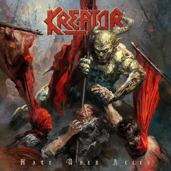Pochette d'album avec une figure démoniaque tenant des drapeaux. Le texte 'Kreator' est en haut.