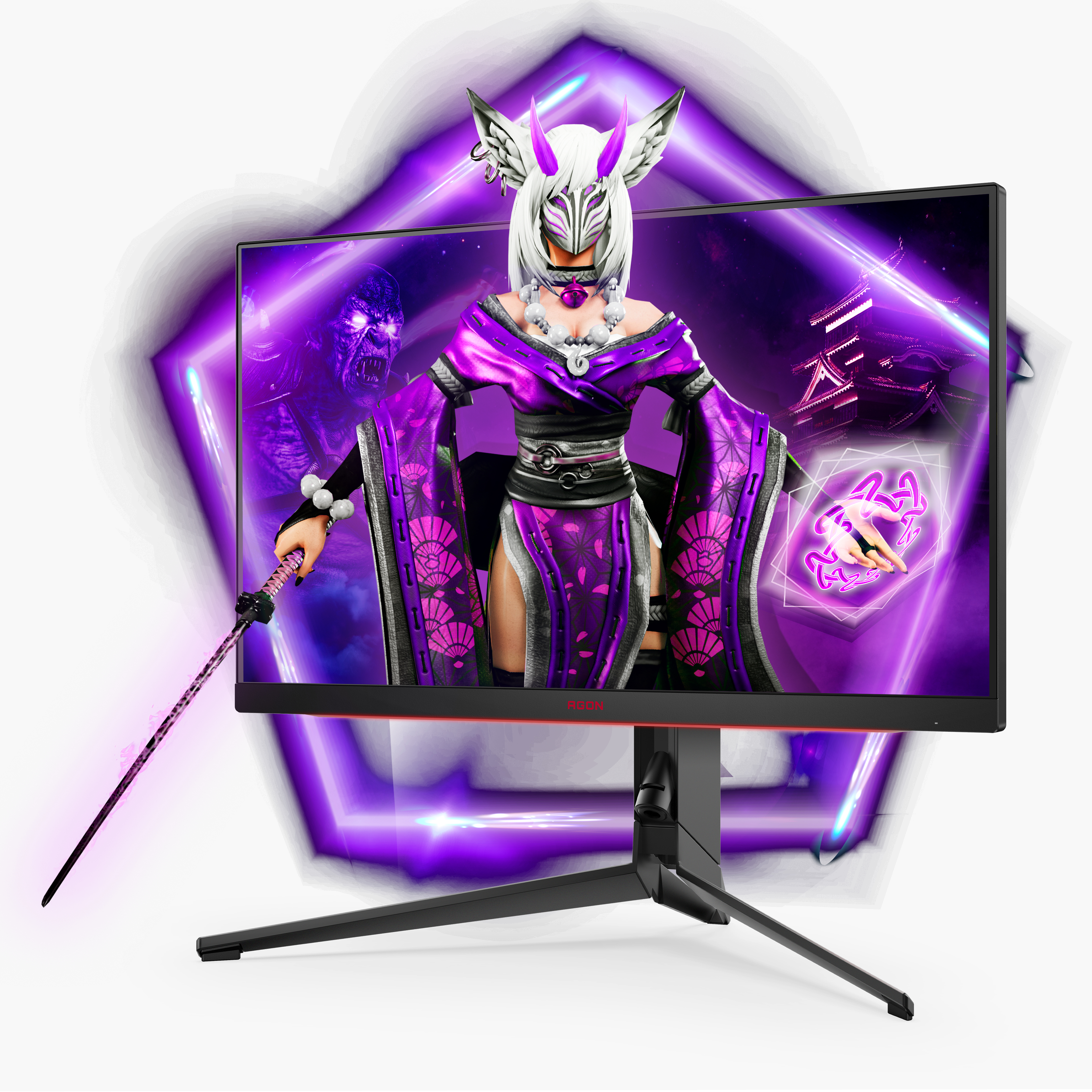 Ein Gaming-Monitor zeigt eine weibliche Figur in einem Kimono und einem Schwert. Der Hintergrund ist eine Sci-Fi-Szene. Rote Basis.
