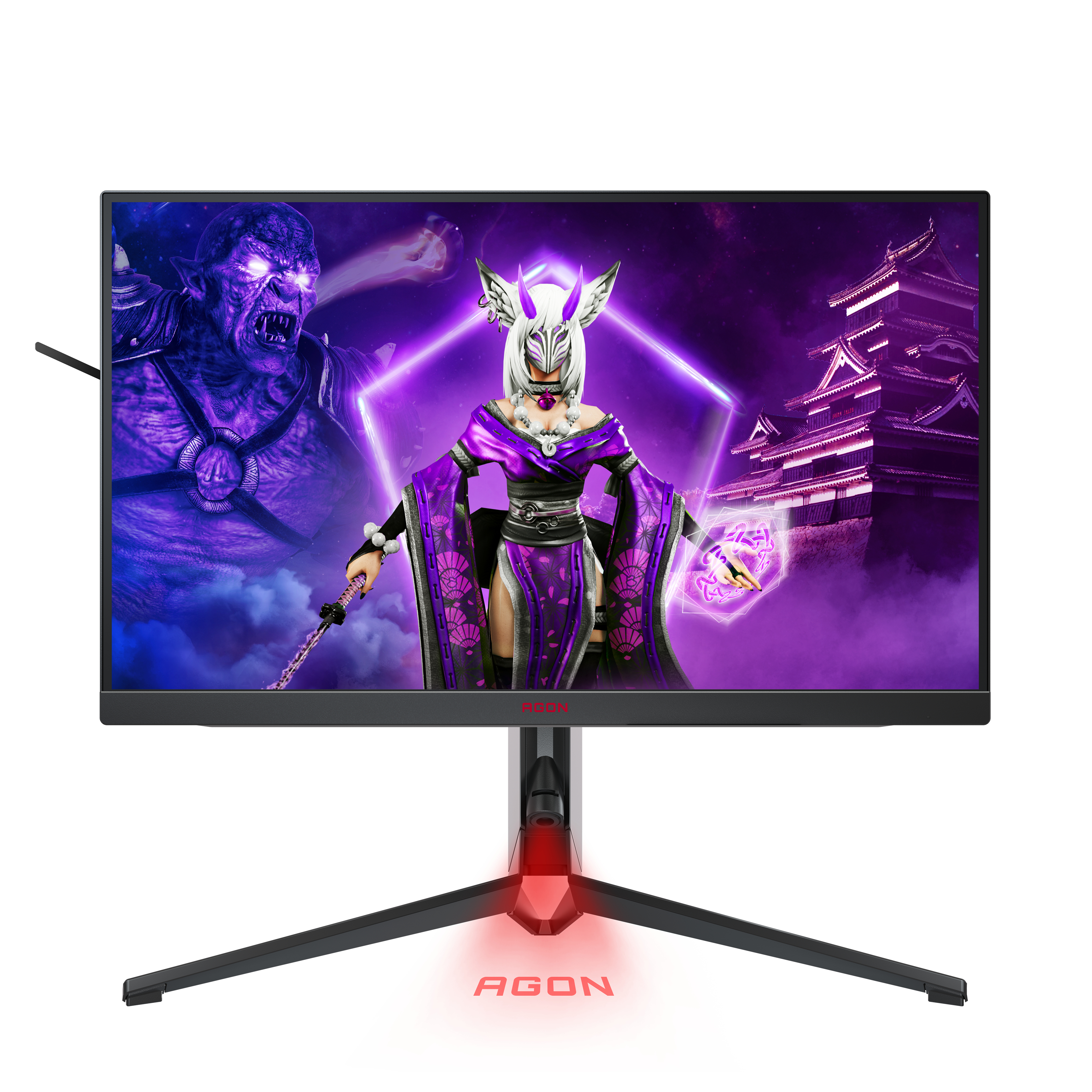 Gaming-Monitor, lila und schwarzes Thema. Zeigt eine Kampfszene mit einem weiblichen Anime-Charakter.
