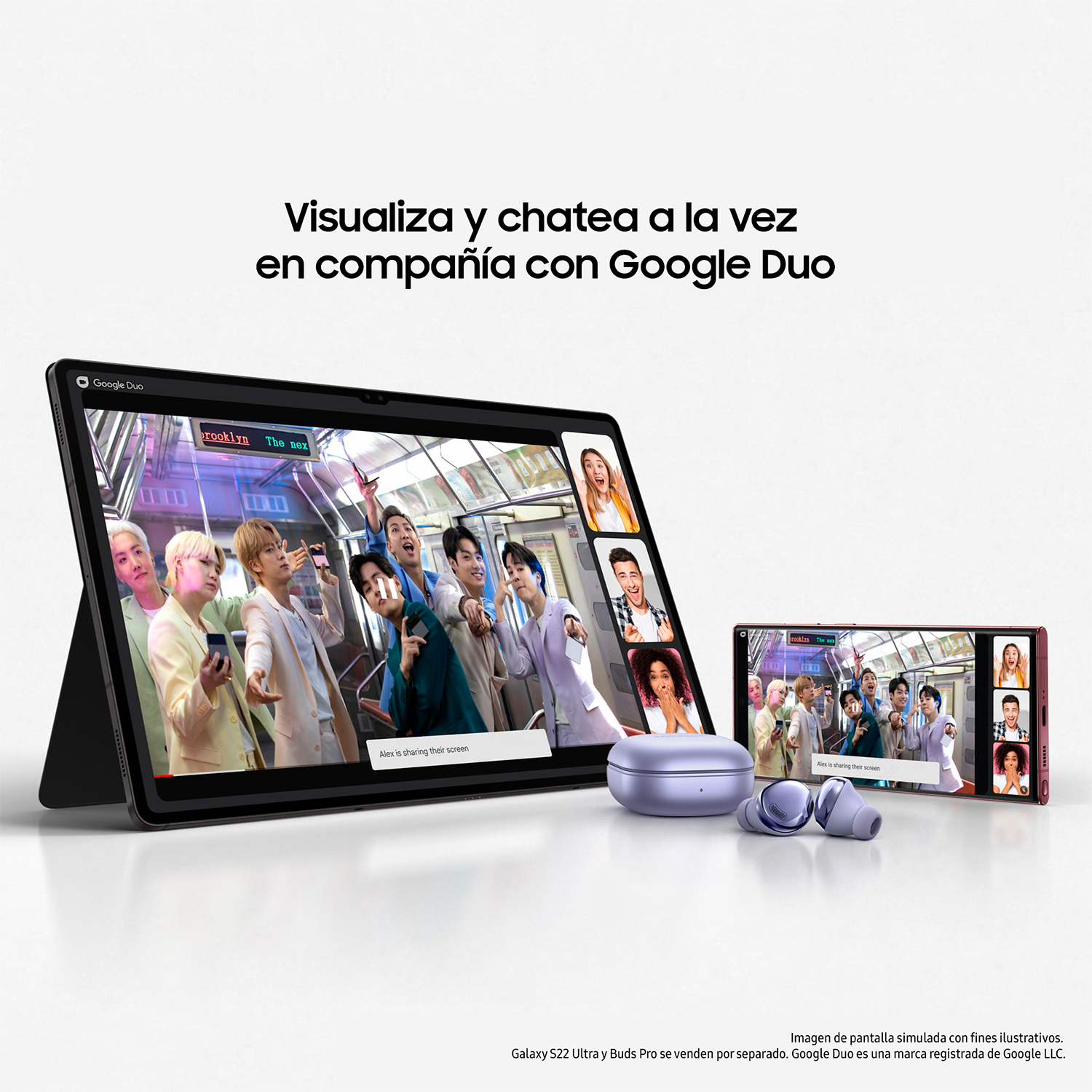 Una tableta y un teléfono muestran videollamadas. Texto en español: Visualiza y chatea a la vez con Google Duo.