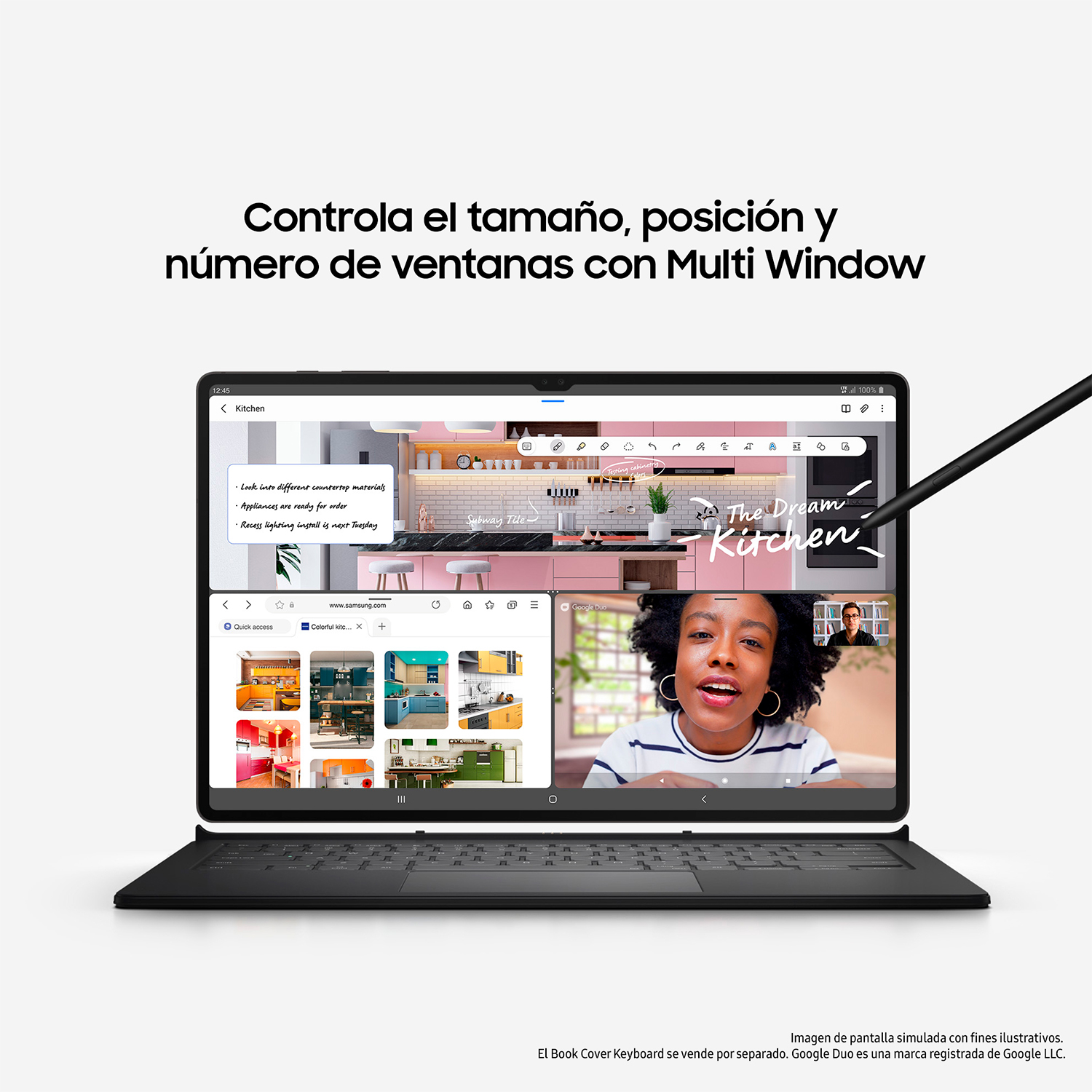 La tableta muestra un diseño de cocina y videollamada. Un lápiz óptico está a la derecha.