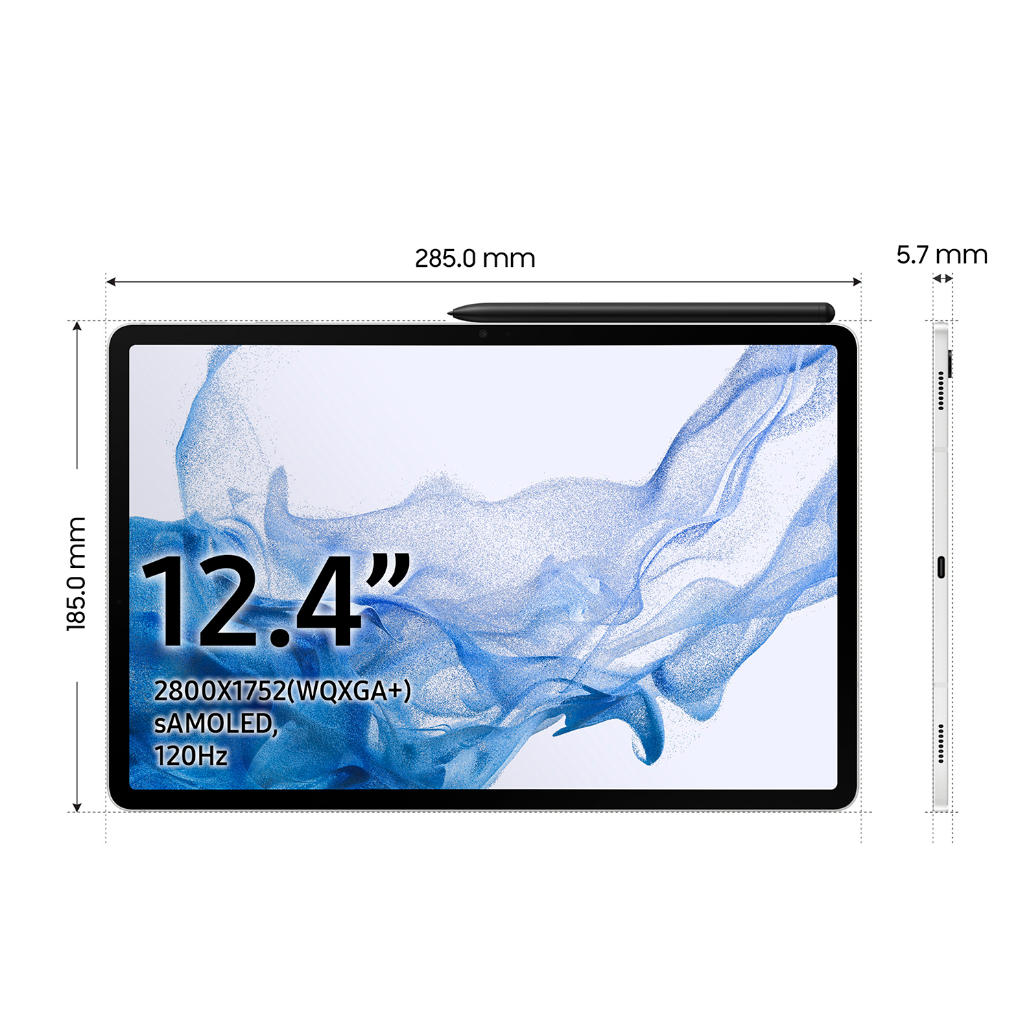 Tableta con lápiz. Pantalla muestra dimensiones: 12.4", 2800x1752, SAMOLED, 120Hz.