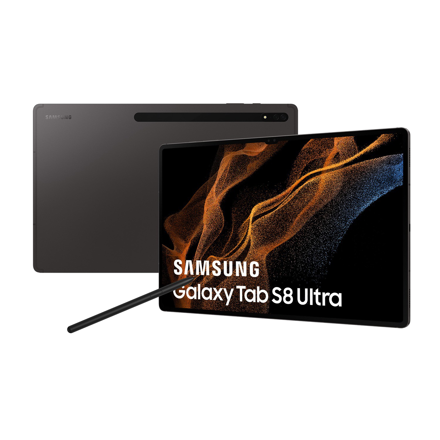 Tableta Samsung Galaxy Tab S8 Ultra, vista frontal y trasera, con un lápiz óptico. Color negro.