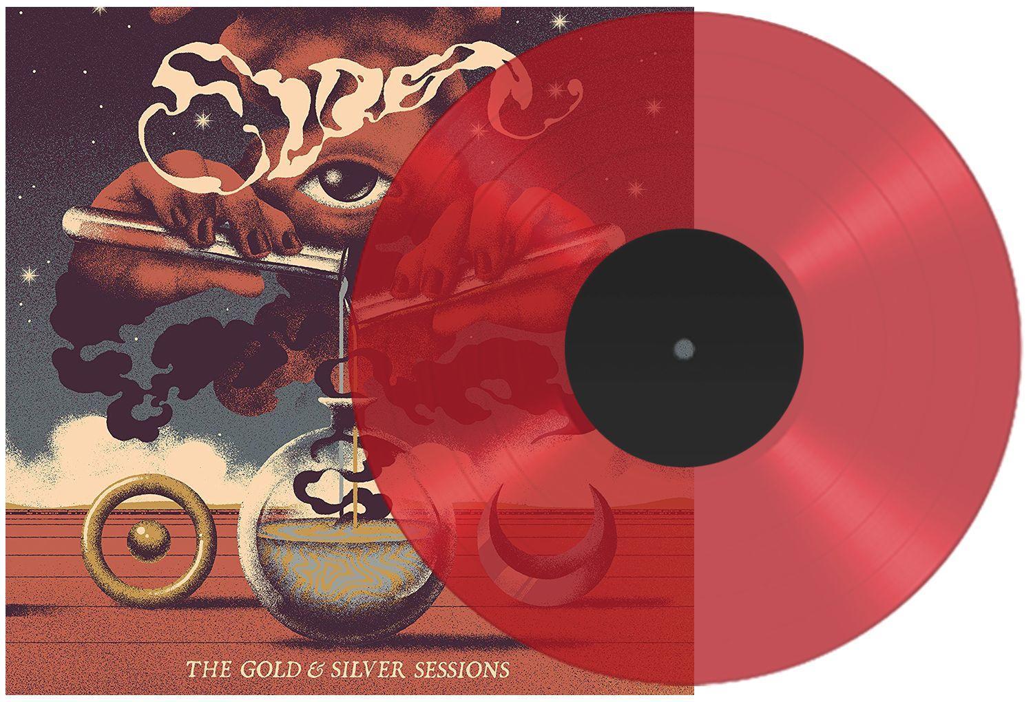 Albumcover: Rote Vinyl-Schallplatte, teilweise überlagert mit Kunstwerk, Text und Grafiken.