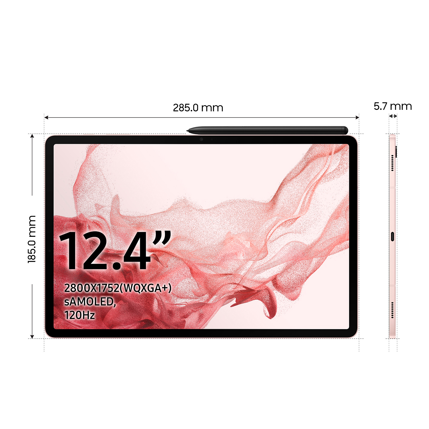 Tableta con pantalla rosa, lápiz óptico en la parte superior. Dimensiones y texto se muestran en la pantalla.