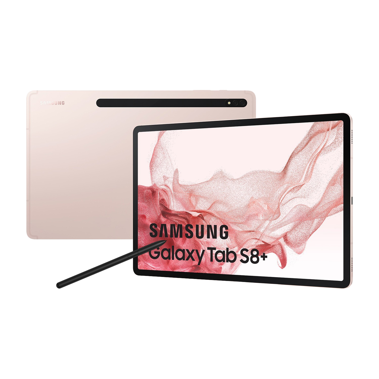 Tablet y lápiz Samsung Galaxy Tab S8+, color oro rosa, sobre fondo blanco.