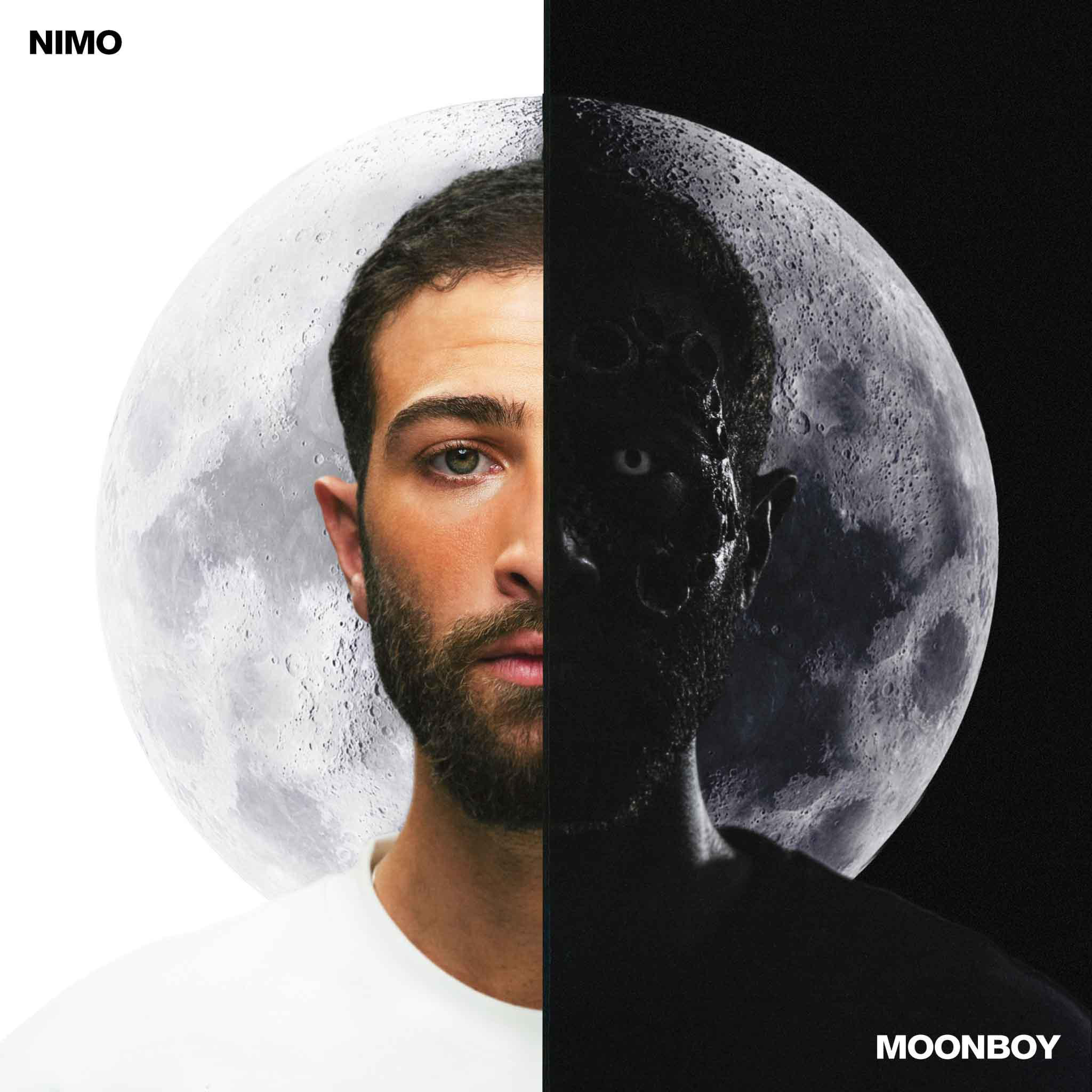 NIMO, Moonboy Albumcover. Gesicht eines Mannes geteilt, hell und dunkel.