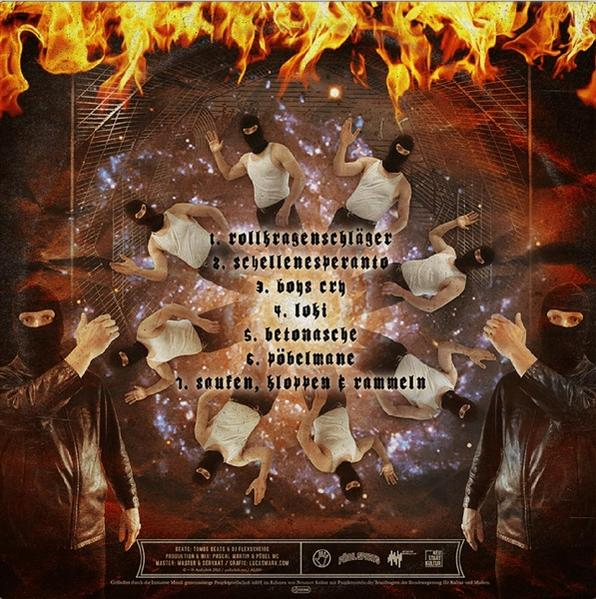 Albumcover mit mehreren Figuren in schwarzen Masken und Text.