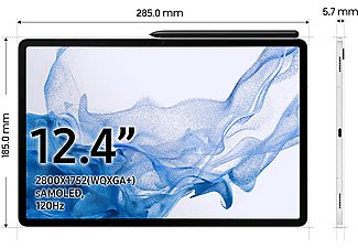 Tablet - Samsung Galaxy TAB S8+, 256 GB, Plata, WiFi, 12.4" WQXGA+, 8 GB RAM, SD™ 898, Android 12
