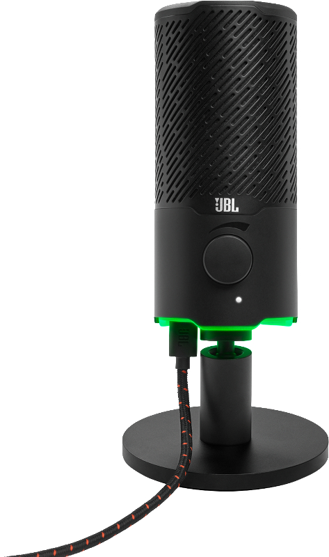 Schwarzes JBL-Mikrofon auf einem Ständer. Es hat einen Lautstärkeregler und ein Kabel mit roten Akzenten.