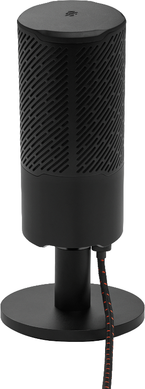 Ein schwarzes Mikrofon auf einem Ständer. Es hat ein Mesh-Design und ein Kabel mit roten Akzenten. Der Fuß ist rund.