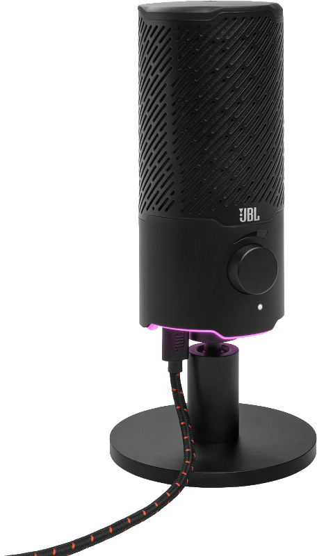 Schwarzes JBL-Mikrofon auf einem Ständer. Es hat einen Lautstärkeregler und ein geflochtenes Kabel.