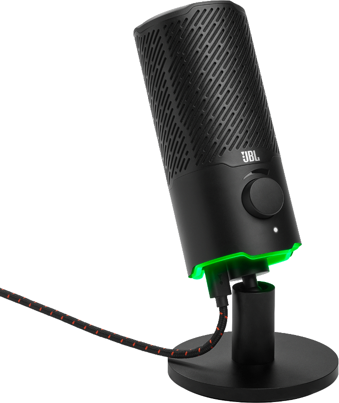 Ein schwarzes JBL-Mikrofon mit Lautstärkeregler, grünem Licht und einem schwarz-roten Kabel, abgewinkelt auf einer runden Basis.