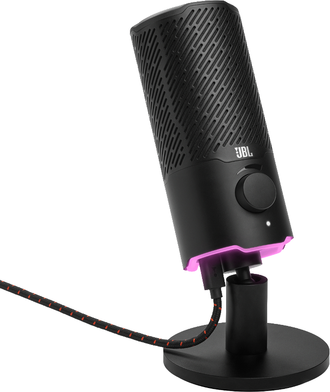 Ein schwarzes JBL-Mikrofon mit Mesh-Oberteil, Lautstärkeregler und rosa LED-Licht. Es steht auf einem schwarzen Ständer, der mit einem Kabel verbunden ist.