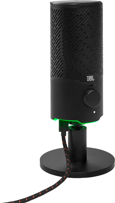 Schwarzes JBL-Mikrofon auf Ständer. Es hat einen Lautstärkeregler und ein grünes Licht an der Basis. Das Kabel ist schwarz und orange.