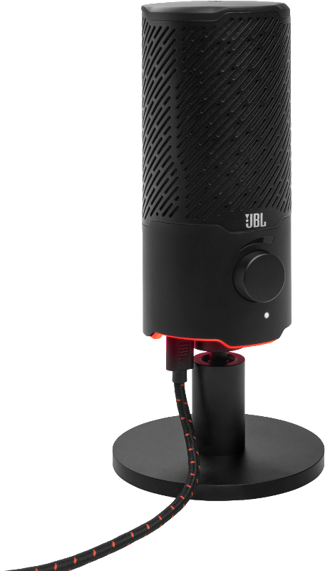 Ein schwarzes JBL-Mikrofon mit Ständer. Es hat einen Lautstärkeregler und ein gemustertes Mesh-Design. Das Kabel ist rot und schwarz.