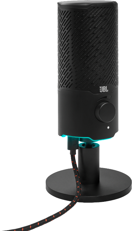 Schwarzes JBL-Mikrofon mit Ständer. Es hat einen Lautstärkeregler und ein Kabel mit rot-schwarzen Streifen.