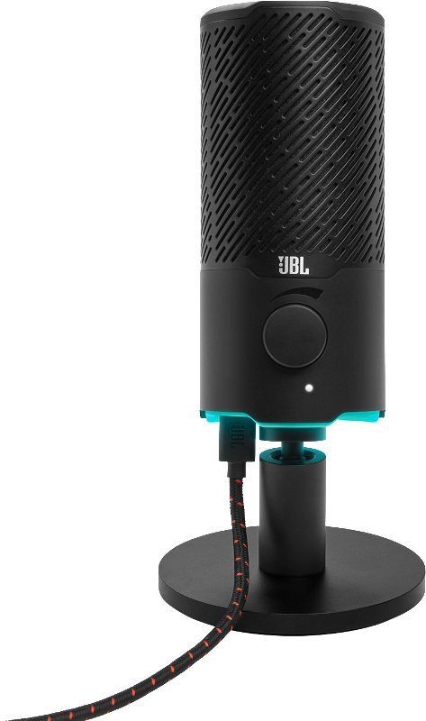 Schwarzes JBL-Mikrofon auf einem Ständer. Es hat einen runden Sockel, einen zylindrischen Körper und ein Kabel mit roten Akzenten.