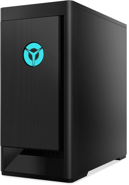 Un ordinateur de bureau Lenovo noir avec un logo bleu. Le fond est blanc.