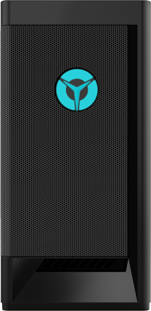 Tour d'ordinateur noire avec un logo turquoise. Elle a un panneau frontal en maille.
