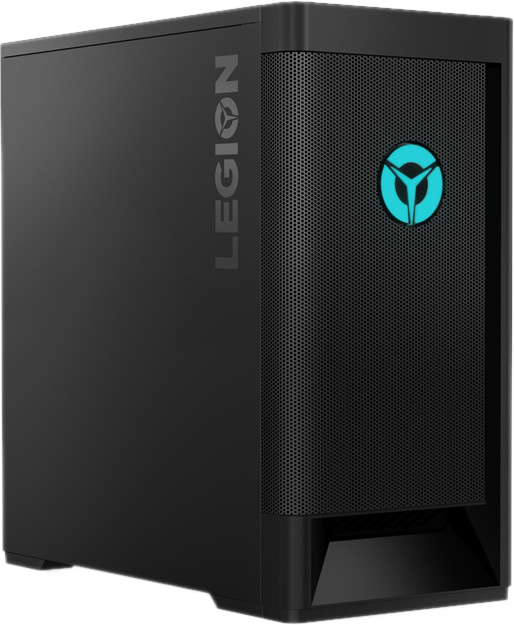 Ordinateur de bureau Lenovo Legion noir. Comporte le logo Legion et un panneau avant quadrillé.