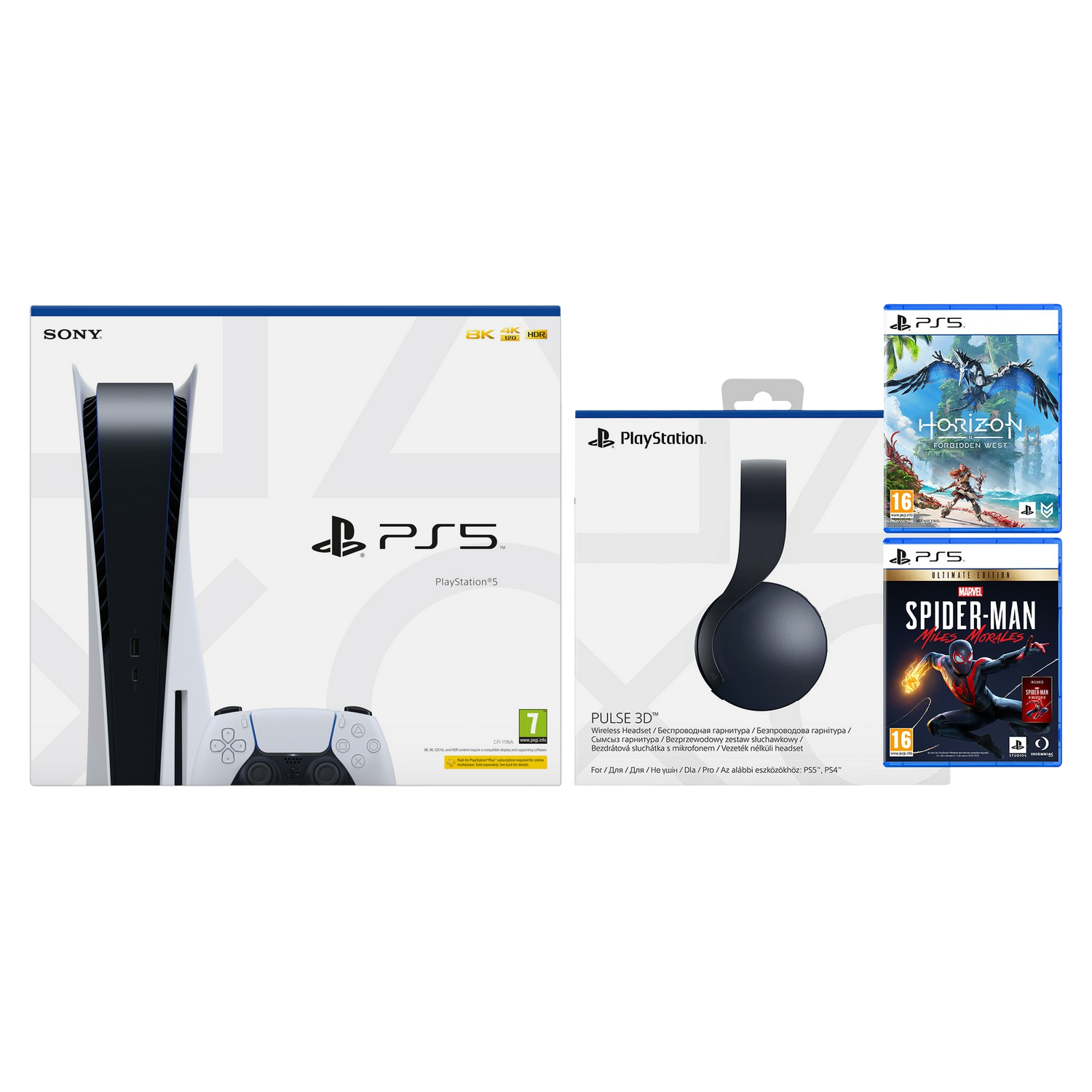 Consola - Sony PS5, 825GB, 4K, HDR, Blanco + Sony Pulse 3D + Horizon Forbidden West + Marvel's Spider-Man: Miles Morales Ultimate Edition
